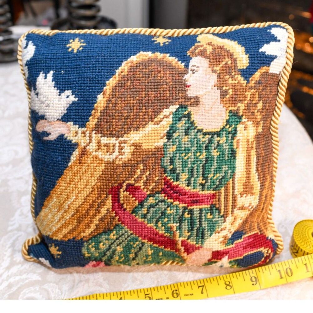 Needlepoint Angel Christmas Pillow Small 10" Seasonal Decor